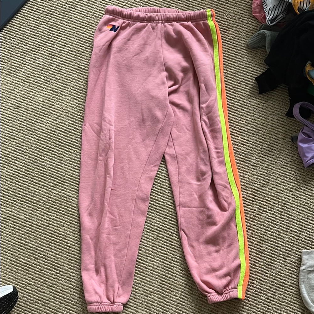 Aviator Nation Pink Jogger Pants with Neon Stripes